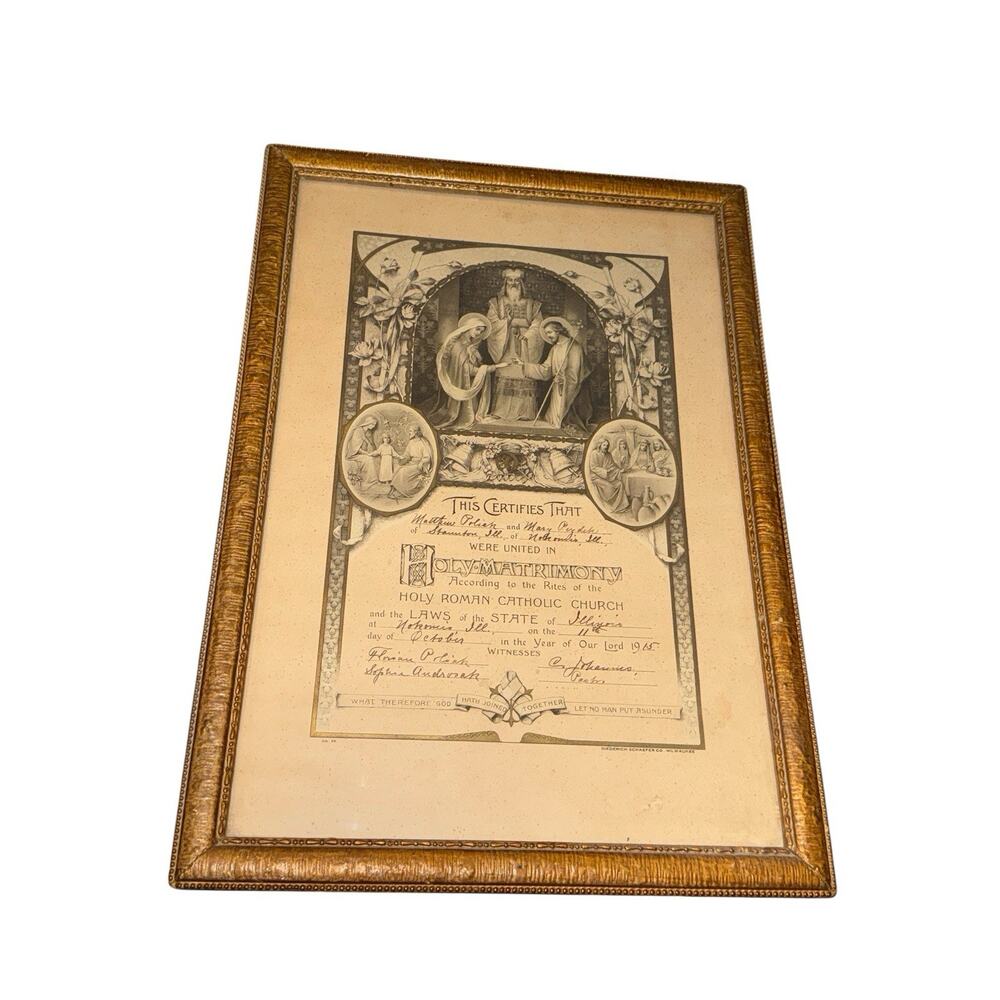 1915 Holy‎ Roman Catholic Church Matrimony Certificate Framed Illinois Wedding